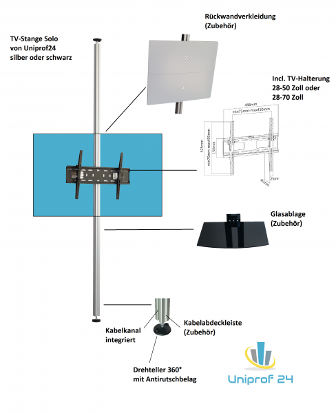 Preview: TV Stange Solo Standard , Boden-Decken-Stange mit TV Halterung 28-75 Zoll Preview: TV Stange Solo