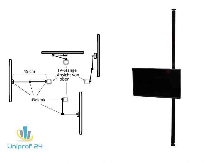 Preview: TV Stange Solo mit Gelenk-TV-Halterung für seitliche Montage Preview: TV Stange Solo mit Gelenk-TV-Halterung für seitliche Montage